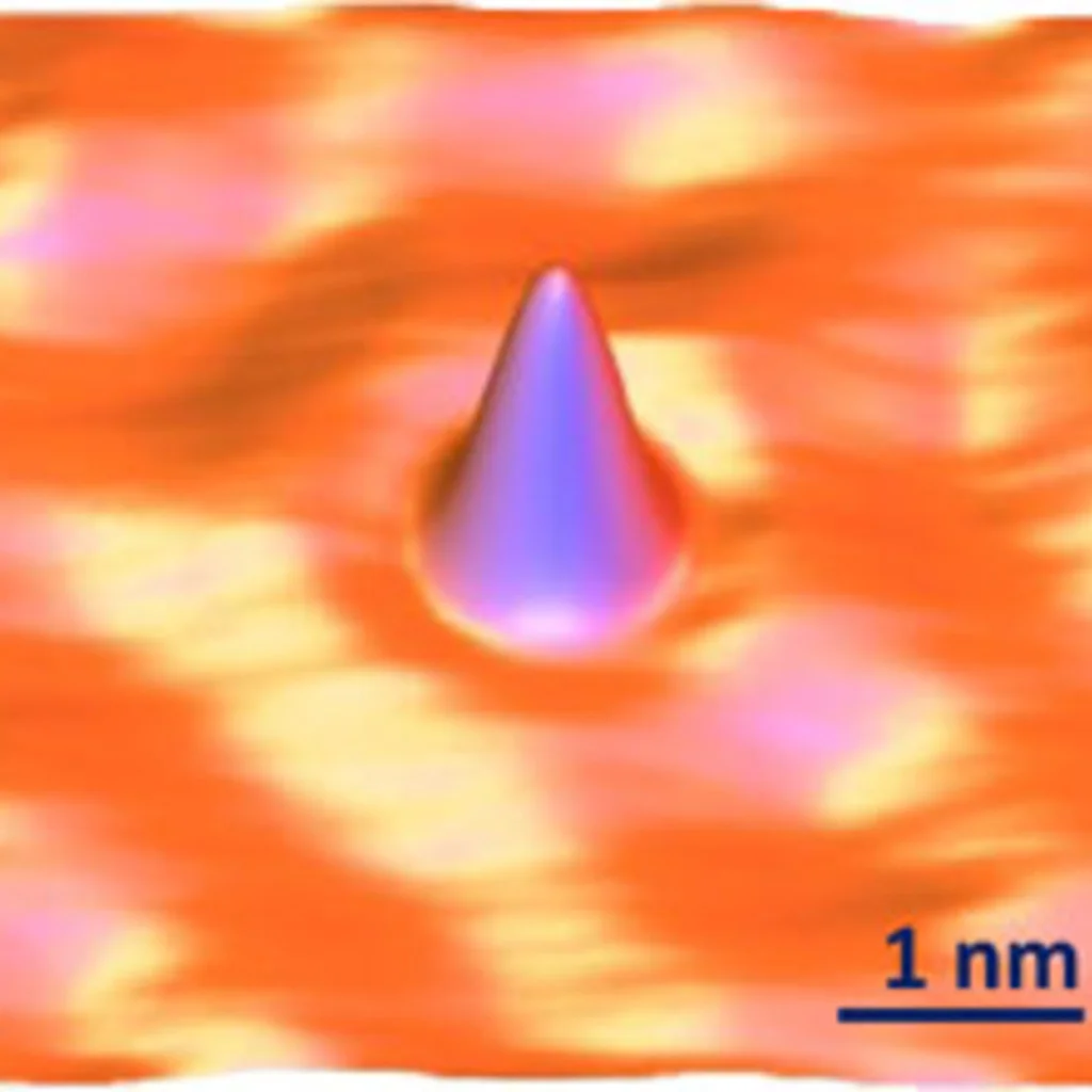 A hydrogen atom: a glowing nucleus inside a probabilistic electron cloud.
