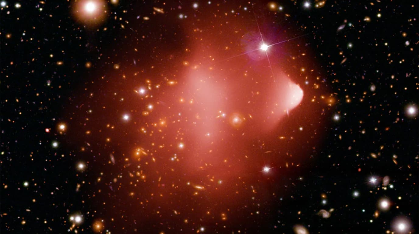 Dark matter visualised as a violet cosmic web bending light around galaxies.
