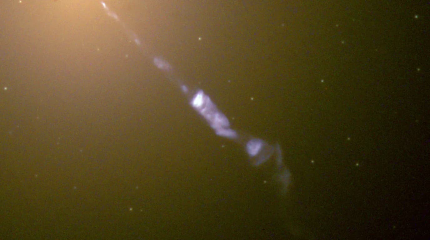 A galaxy cluster — dozens of galaxies around a bright central giant elliptical.