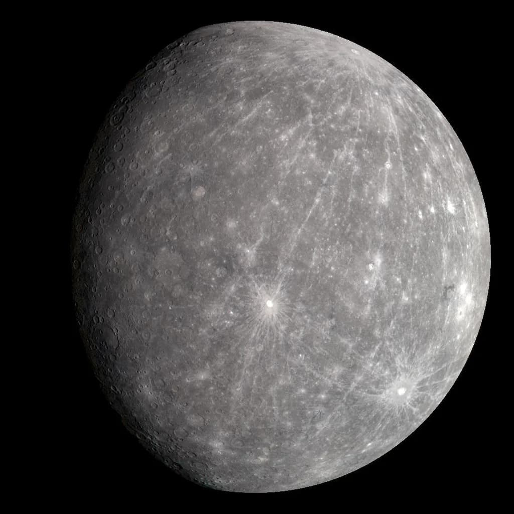 Mercury as a full disc — heavily cratered grey surface, similar to Earth's Moon.