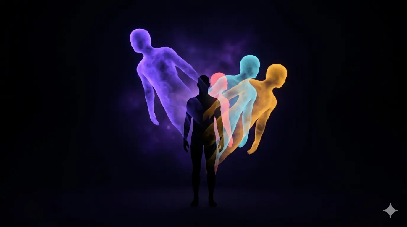 A human silhouette splitting into multiple translucent overlapping personas.