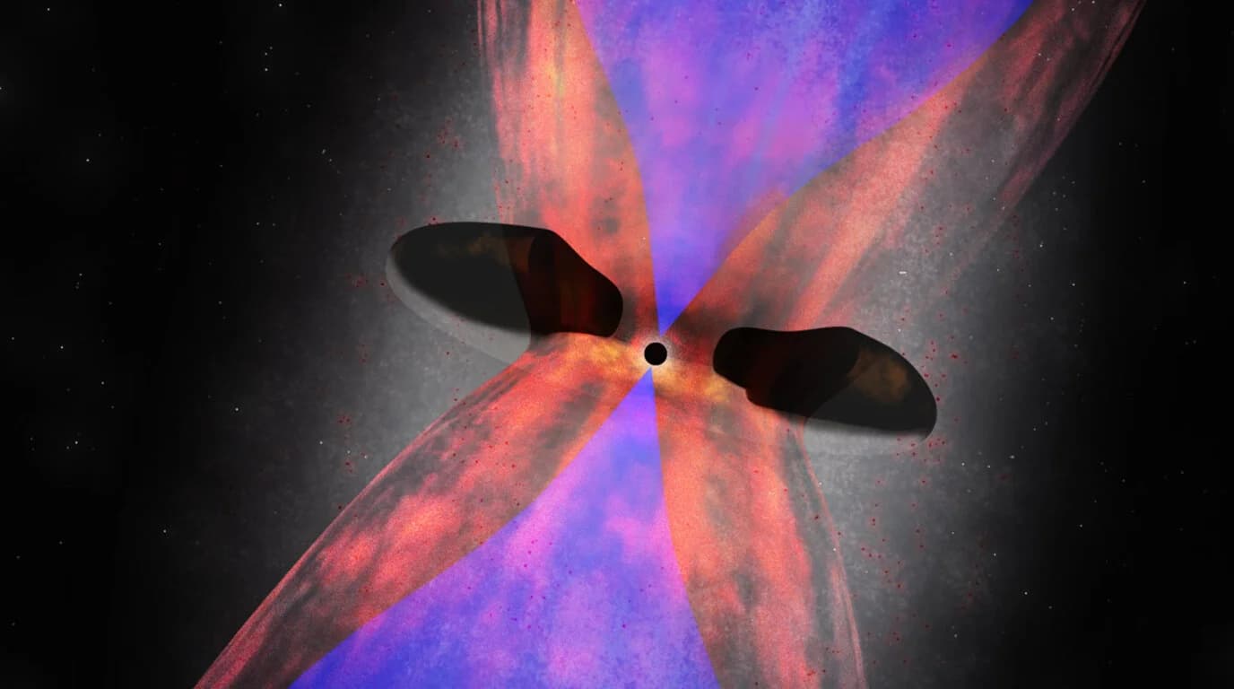 Phoenix-A — an enormous black hole inside a luminous galaxy cluster, intracluster gas glowing around it.