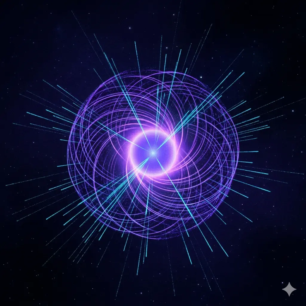 A glowing quark suspended inside a gluon field.